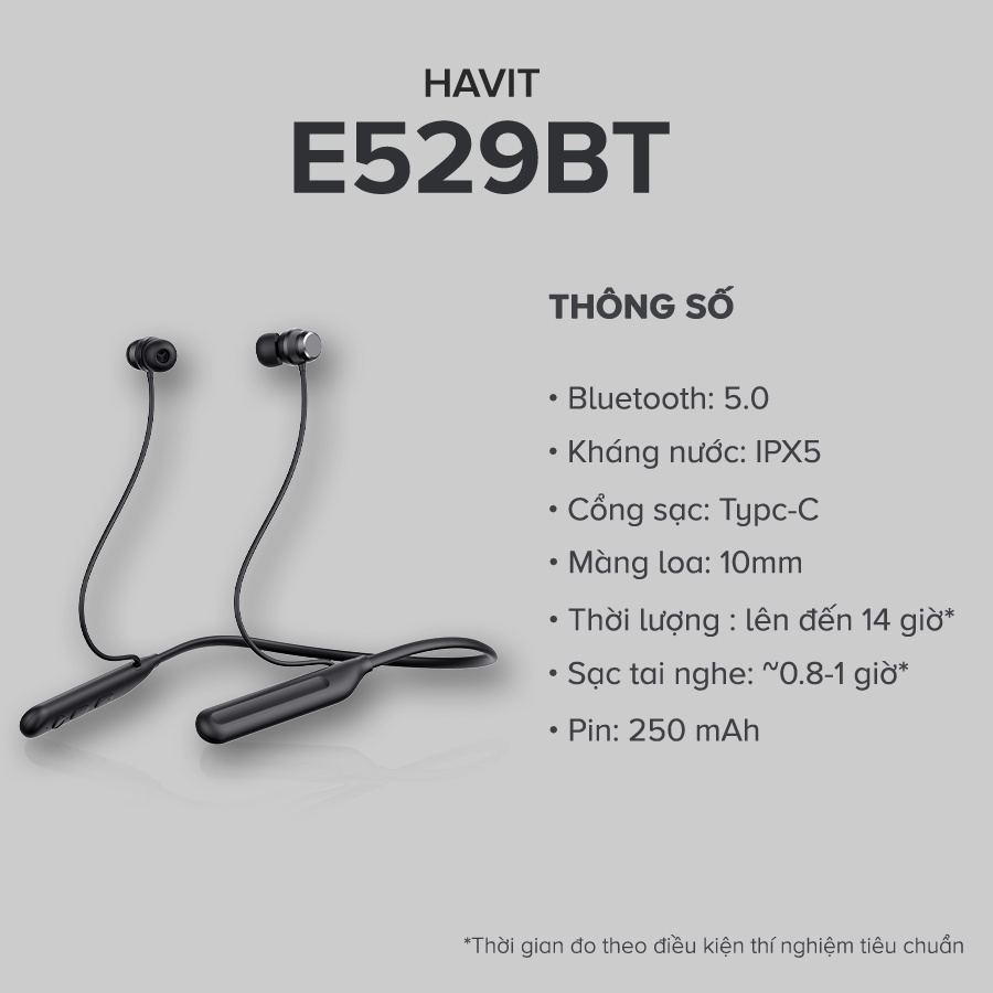 Tai Nghe Bluetooth HAVIT E529BT, Bluetooth 5.0, Mic ENC Đàm Thoại, Kháng IPX5, Nghe Đến 14h - Chính Hãng