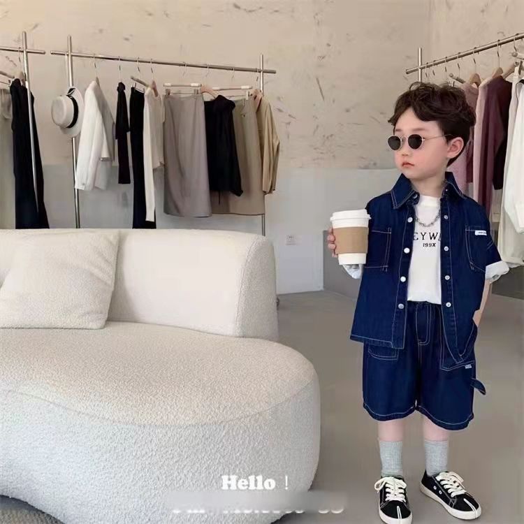 Set Áo Sơ Mi Ngắn Tay + Quần Short Denim Màu Xanh Dương Đậm Thoáng Khí Thời Trang Mùa Hè Cho Bé Trai 1 Tuổi