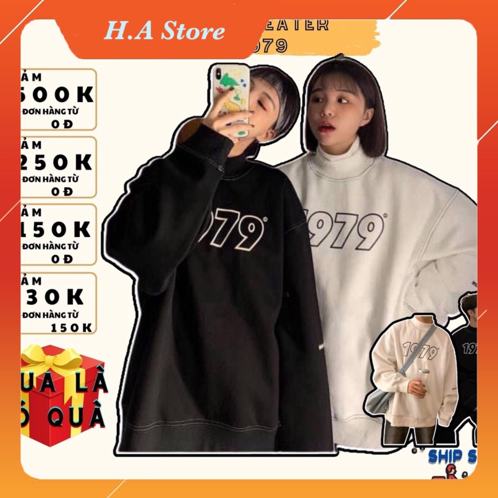 Áo sweater unisex dài tay dáng rộng thun cotton 1979