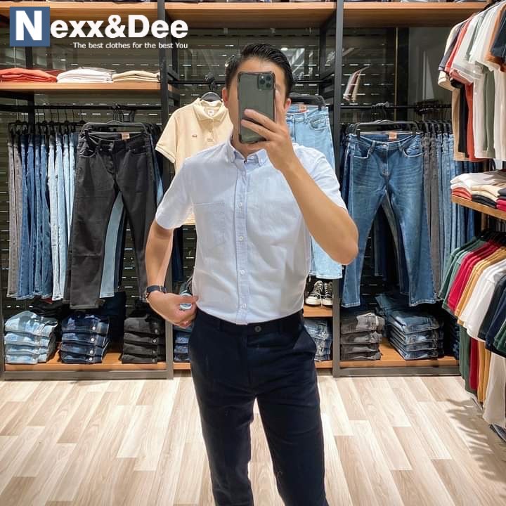 Áo sơ mi ngắn tay nam vải oxford denim xanh rêu công sở Nexx&amp;Dee ND02