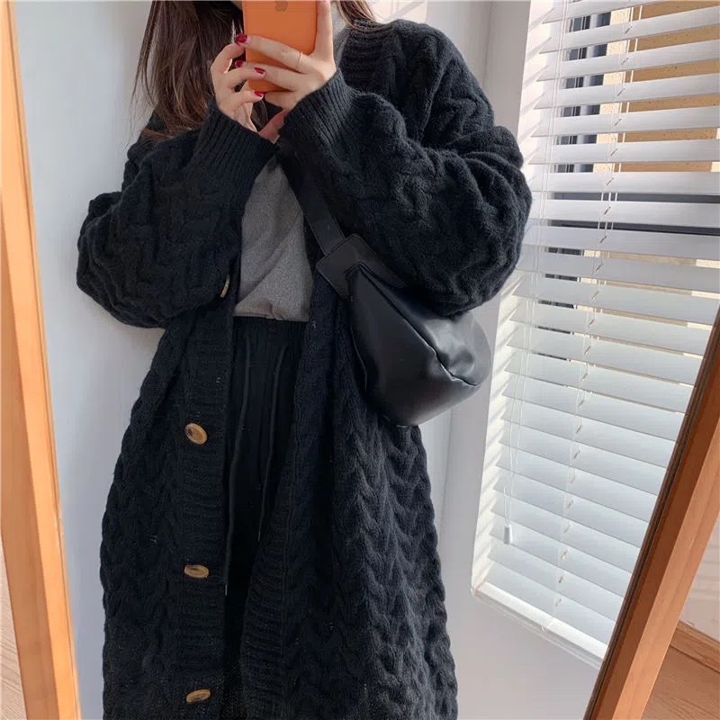 Áo Cardigan Len Nữ Dáng Dài Màu Be Nâu Đen Phom Rộng, Áo Khoác Thu Đông Dài Tay Chất Len Thừng Loại 1 Cao Cấp