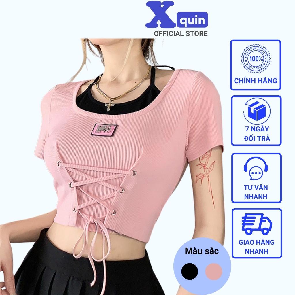 Áo Croptop Nữ Cổ Giả Yếm Phối Rút Dây Ngay Eo Cực Xinh Xquin, Áo Kiểu Nữ Ngắn Tay Ôm Body Phối Màu Độc Đáo
