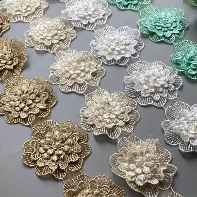 Set 10 Dây Ruy Băng 7.5cm Bằng Polyester Phối Ren Đính Hạt Ngọc Trai Và Hoa Thêu Họa Tiết Thủ Công