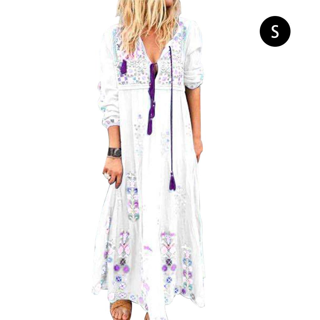 Đầm Maxi Tay Dài Cổ Chữ V Rút Dây In Họa Tiết Phong Cách Bohemian