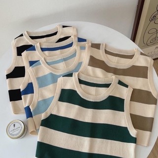 Áo len ba lỗ croptop kẻ ngang to cổ tròn mongtoghi, áo len tanktop dệt kim kẻ ngang Qc