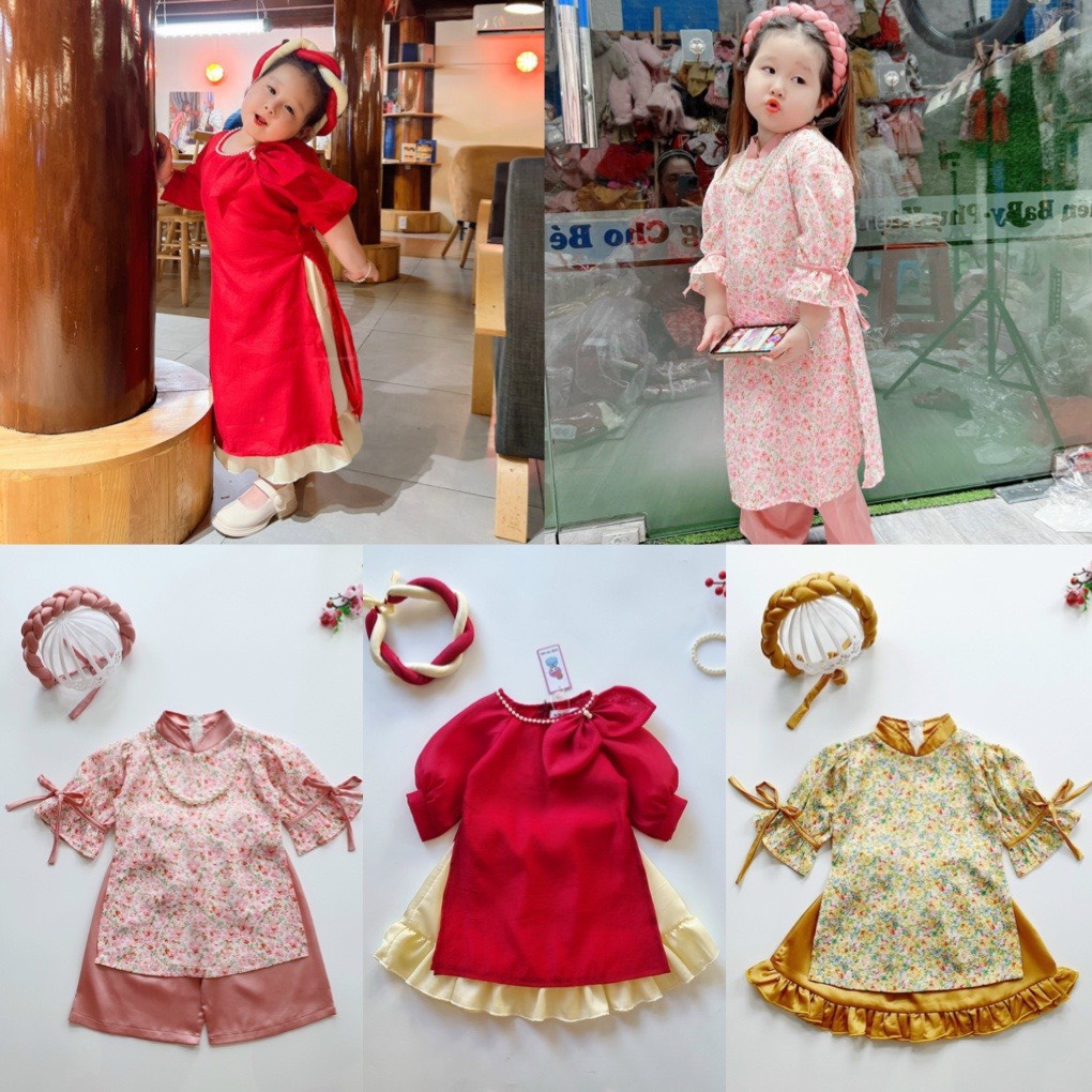 Áo dài cách tân cho bé gái, áo dài tết bé gái kèm mấn đội đầu xinh xắn size 5-18kg