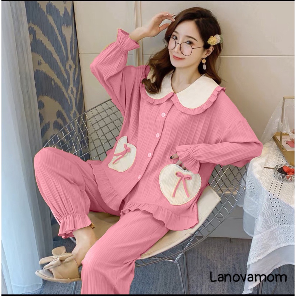 Bộ đồ bầu - Bộ đồ bầu thu đông phối họa tiết túi trái tim siêu xinh BD952