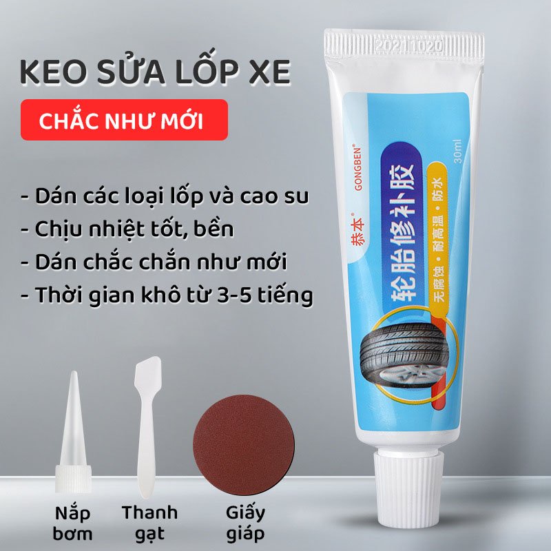 Keo dán vá lốp ô tô, xe máy bền chắc như mới, keo sửa chữa vết nứt lốp chuyên dụng độ đàn hồi cao, chịu nhiệt tuýp 30ml