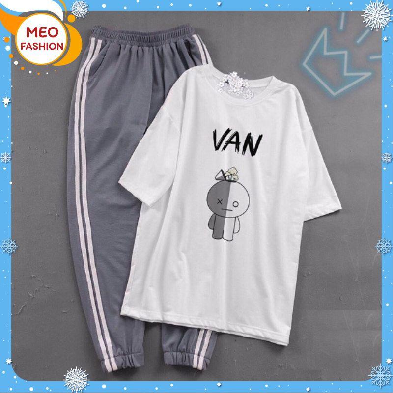 Set Bộ Đồ Nữ Xinh , Áo Thun Phông Trắng Cotton Organic Ngắn Tay Cổ Tròn In Thú VAN +Quần Thun Sọc Ghi Bo Gấu