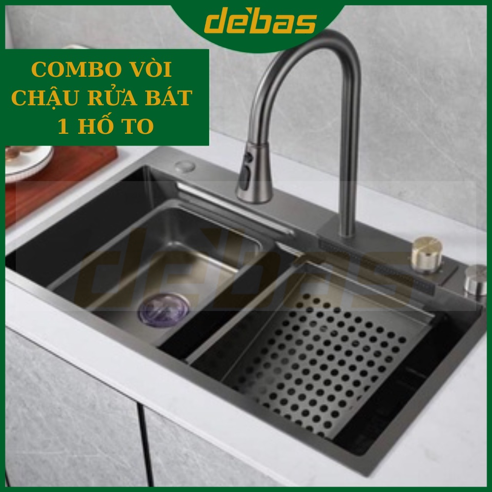 Combo chậu rửa bát 1 hố nano đen/xám/INOX SUS304 kèm Vòi Thác Nước CAO CẤP (78x46cm)