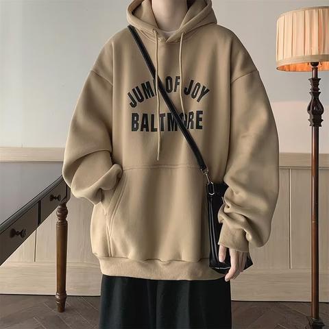 Áo Khoác Hoodie Vải Cotton Dày Dáng Rộng In Chữ Kaki Kiểu Mỹ Thời Trang Cho Cặp Đôi