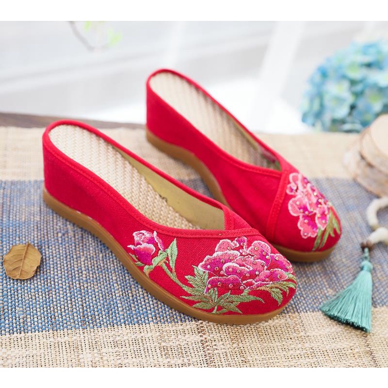 Dép Cao Gót Vải Lanh Thêu Họa Tiết Đính Đá 2 Hàng Ngàn Thời Trang Mùa Hè Cho Nữ EthA7