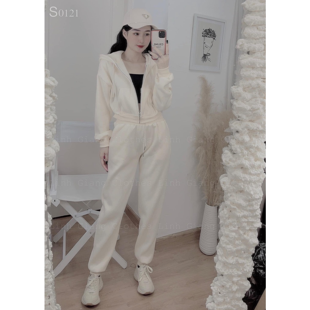 Set áo khoác nỉ bông kéo khoá kèm quần dài trơn dày dặn