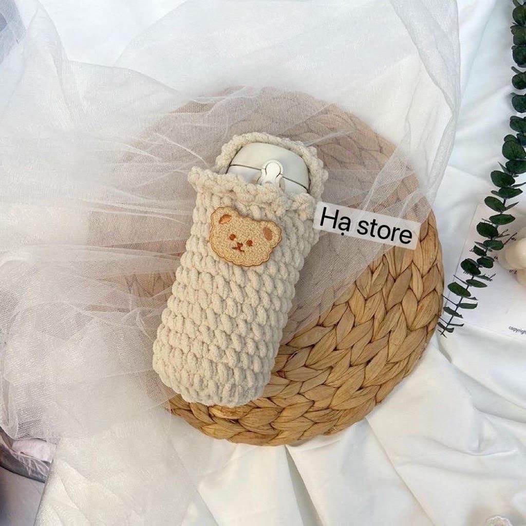 Túi đựng bình nước túi quai xách gấu cute bằng len handmade