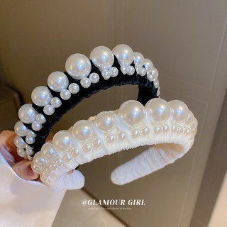 Băng đô cài tóc rửa mặt Nhung Bản Rộng Xếp Ly Viền Đính Ngọc Trai Phong Cách Âu Mỹ