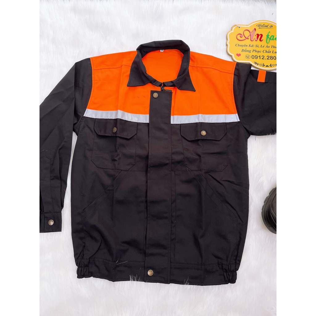 Đồ bảo hộ lao động, Quần áo công trình vải kaki may đẹp màu đen phối cam _ Hình chụp thật