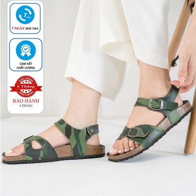 R23 - Sandal Birken Đế Trấu BIOLINE Camo Rằn Ri Unisex Nam nữ Quai Ngang Da PU cao cấp