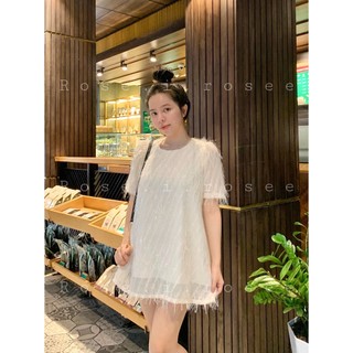 Đầm kem lông lấp lánh có tay