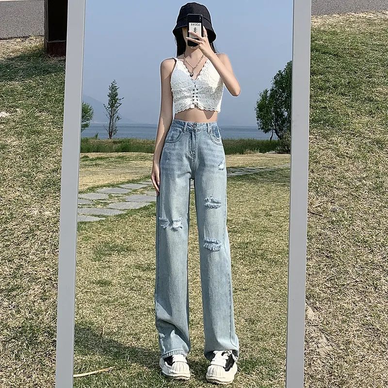 Jiashucheng Quần Jean Dài Lưng Cao Ống Rộng Phối Rách Thời Trang Mùa Hè Cho Nữ