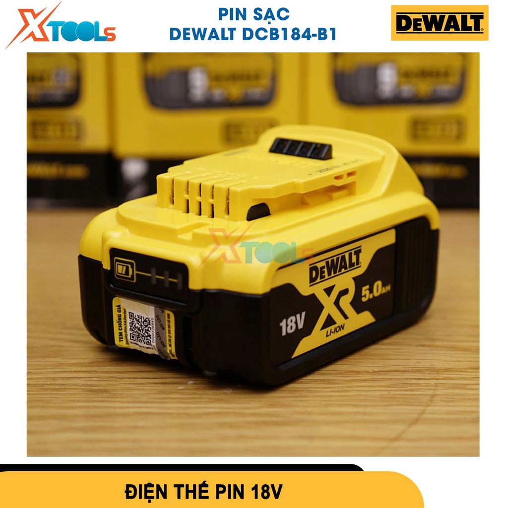 Pin li-ion Dewalt DCB184-B1 điện áp 18V dòng nạp 5.0Ah chất liệu cao cấp độ bền cao dùng cho máy khoan-CHÍNH HÃNG-XTOOLS