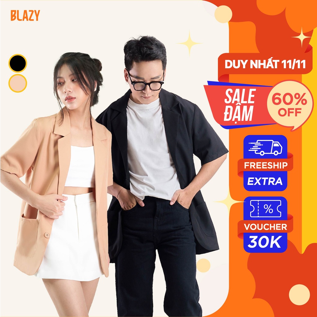 Áo Khoác Blazer Nam Nữ Tay Ngắn BLAZY Form Rộng 1 Lớp - Màu Đen/ Be Phong Cách Hàn Quốc, Chất Vải Kaki Chống Nhăn