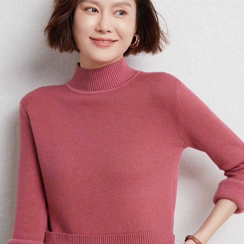 Áo Sweater Dệt Kim Vải Lông Cừu Dày Dặn Tay Dài Màu Trơn Thời Trang Thu Đông Cho Nữ