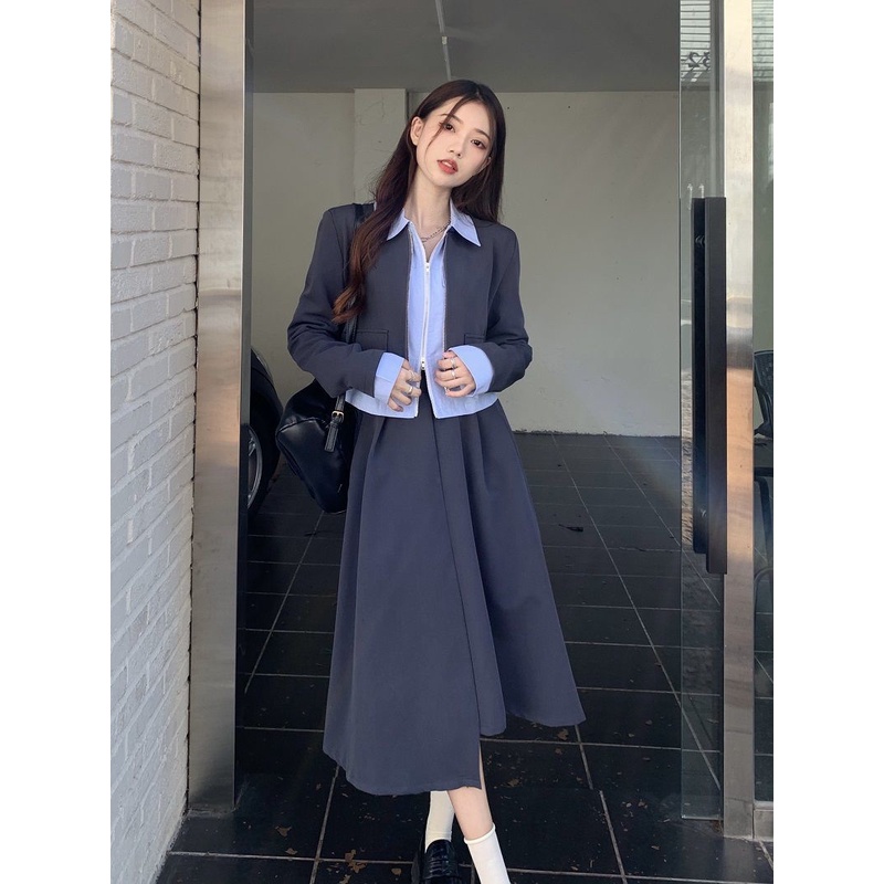 Set Áo Khoác Ngắn Tay Dài + Áo Sơ Mi + Chân Váy Thời Trang Mùa Thu 2022 Phong Cách Pháp Mới Cho Nữ