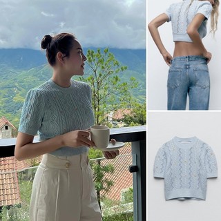 ÁO LEN CỘC TAY THÊU HOA DÁNG CROP MÀU XANH - 4331/143