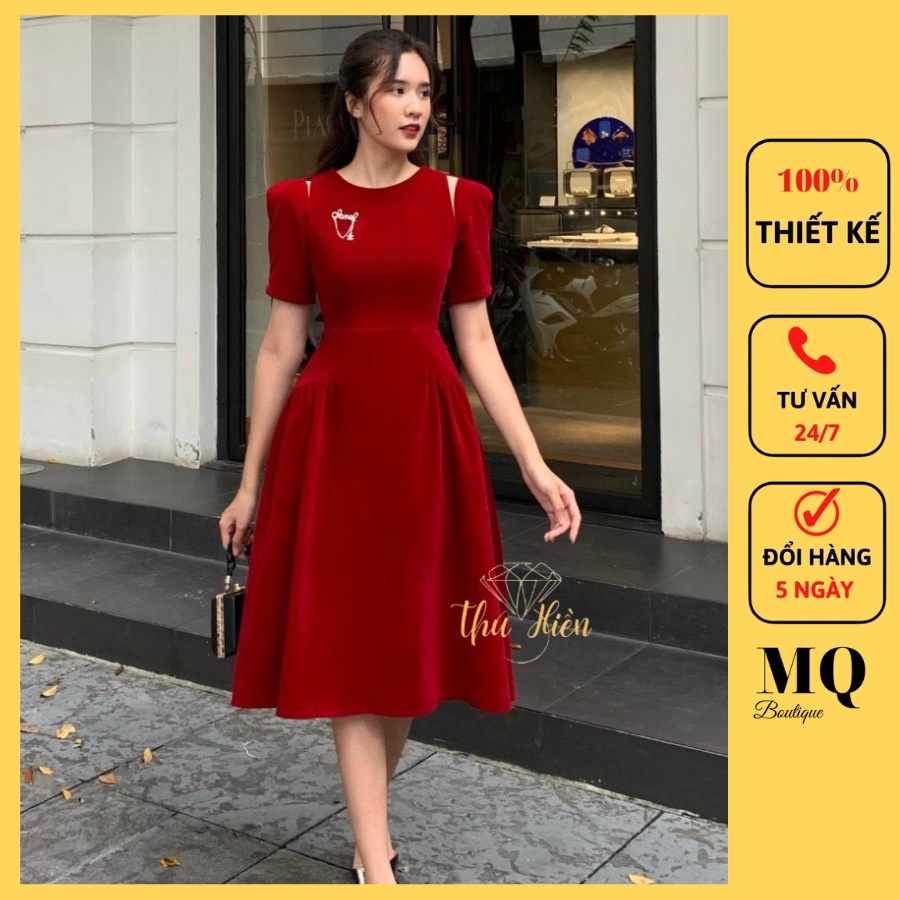 Váy nhung công sở dự tiệc nữ dáng xòe rúm bồng tay sẻ vai cổ tròn sang trọng , đầm nhung thiết kế MQ Boutique cao cấp