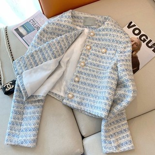 Áo khoác dạ xanh cổ tròn khuy ngọc