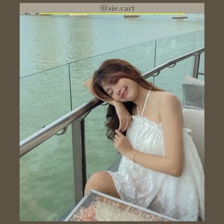 Đầm Cổ Yếm Voan Trắng Hoa Nổi Hai Lớp Kèm Hình Thật