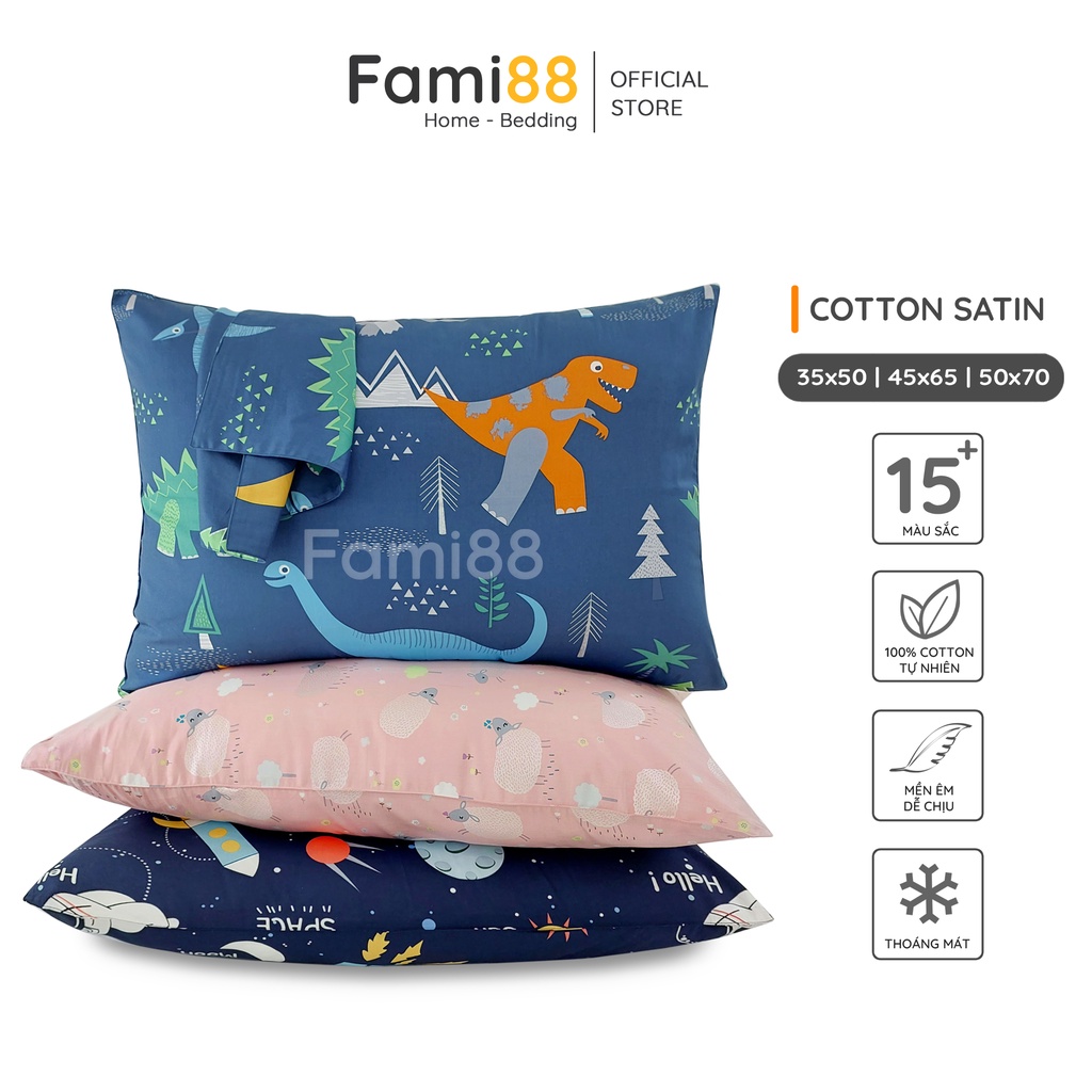 Vỏ gối nằm cho bé trai bé gái 45x65 50x70cm Cotton Satin cao cấp FAMI88, bao áo gối trẻ em cotton 100% sợi tự nhiên.