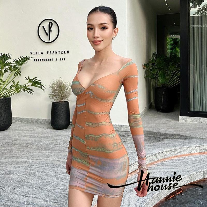 Đầm Body Tay Dài Hoạ Tiết Kẻ Sọc Thiết Kế Ôm Sát Tôn Dáng