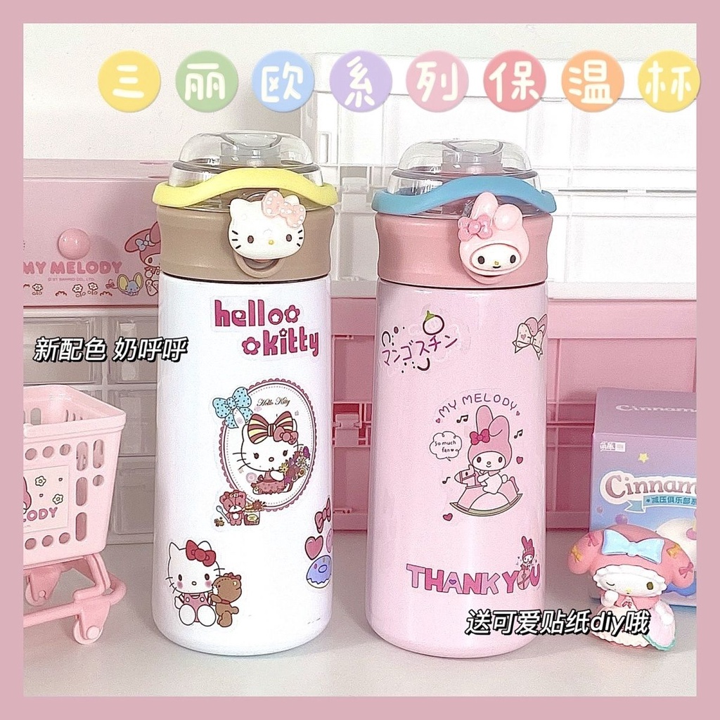 Bình Nước Giữ Nhiệt Bằng Thép Không Gỉ 304 Thiết Kế Đơn Giản Kèm Ống Hút Họa Tiết Mèo Hello Kitty Đáng Yêu