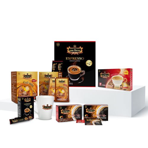 COMBO HÒA QUYỆN KING COFFEE - 4 Loại cà phê hòa tan King Coffee và Ly Sứ trắng cao cấp
