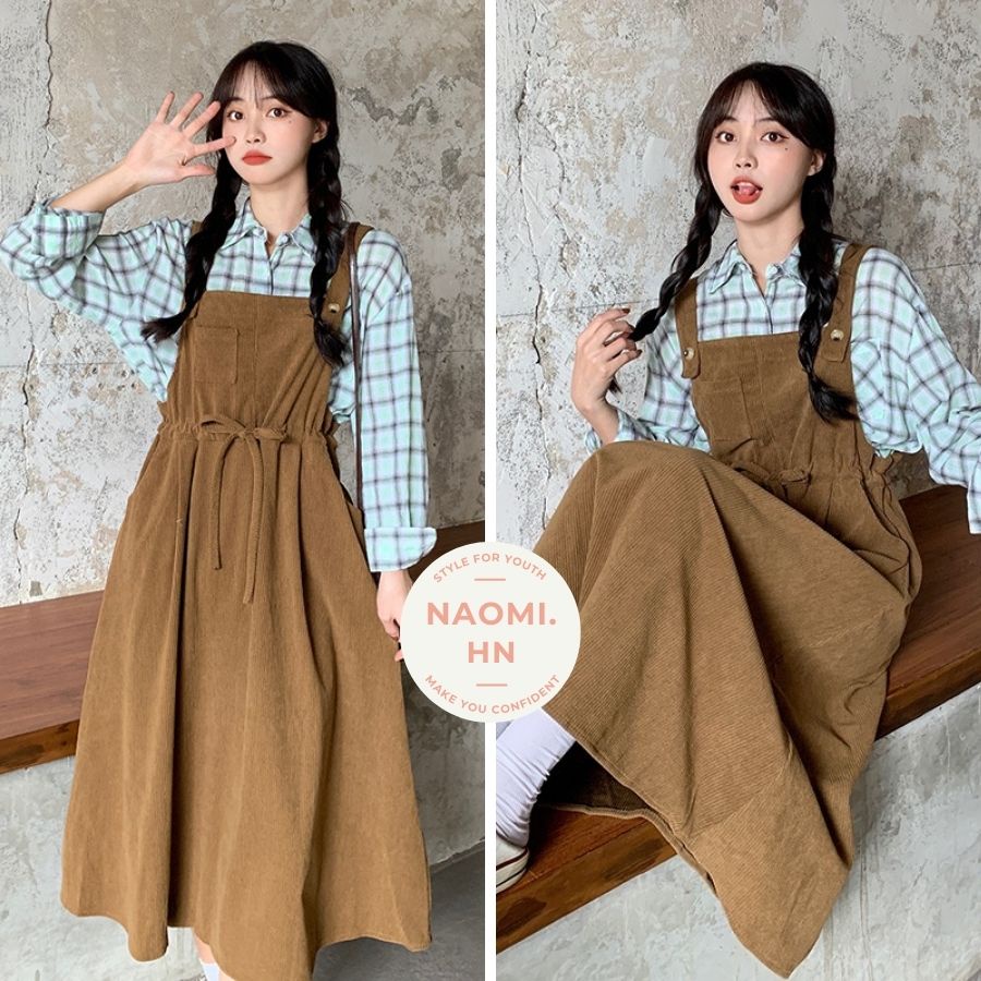 Váy yếm 2 dây bản to form rộng NHUNG TĂM BUỘC EO dáng xòe, váy yếm gân tăm nữ dáng dài rộng nhung tăm babydoll