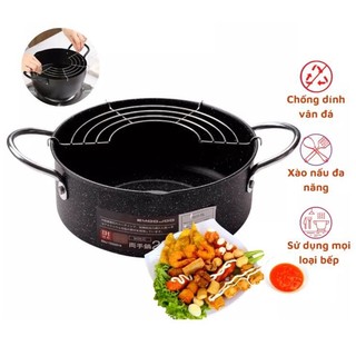 Nồi chiên ngập dầu vân đá dùng cho mọi loại bếp - Chảo sâu lòng mini đa năng: chiên, rán, xào kèm vỉ gác chảo size 16cm