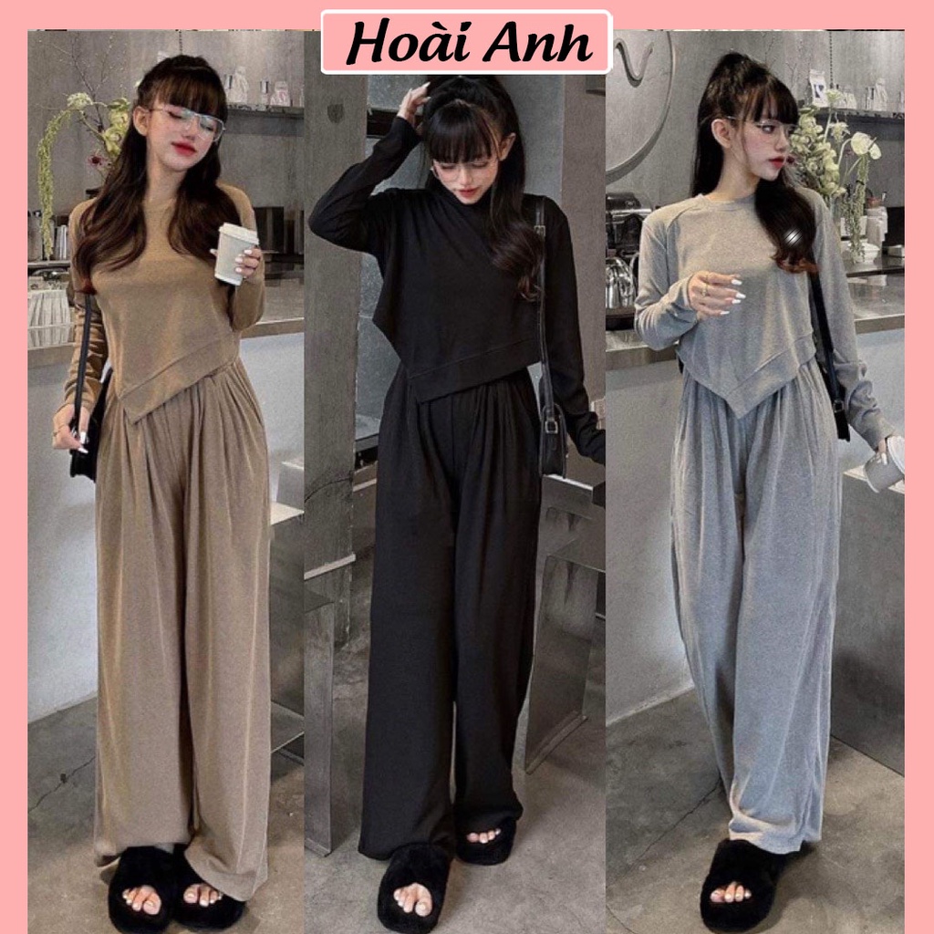 Set Bộ Đồ Nữ 2 Món Trơn Áo Vạt Lệch Dài Tay Mix Quần Xuông Ống Rộng Freesize