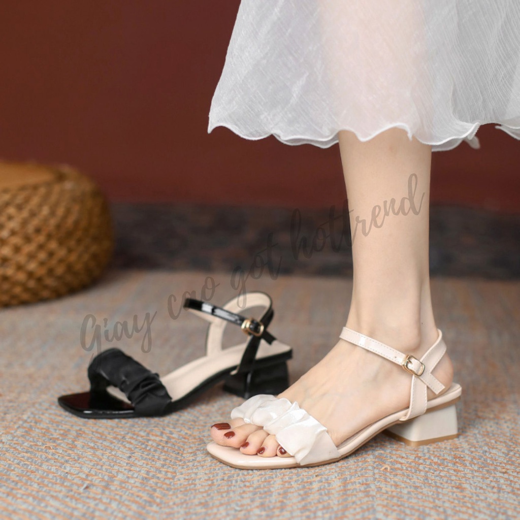 Giày cao gót quai nhún bèo Hottrend 2023 MIDUKA, sandal nữ đế vuông 3 phân chuẩn size 35-39 3 màu trắng, đen,kem mã NT05