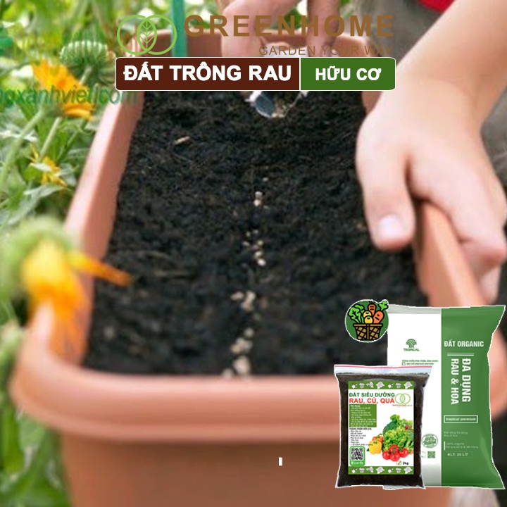 Đất Trồng Rau Greenhome, Bao 2kg, Hữu Cơ, Trộn Sẵn, Tiện Lợi, Đầy Đủ Dinh Dưỡng, Chuyên Cho Rau, Củ, Quả