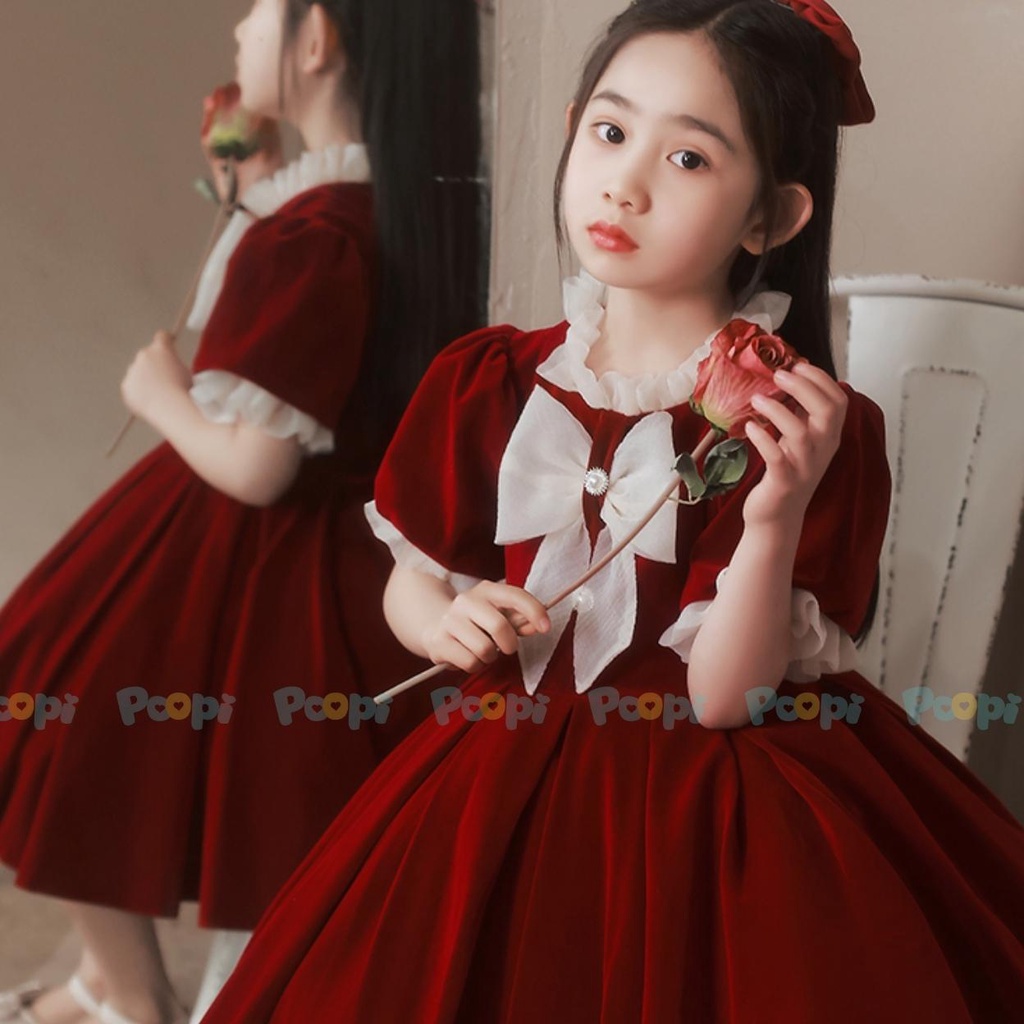 Váy Công Chúa Bé Gái Poopi Dáng Xòe Ngắn Tay Màu Đỏ Đính Nơ Dễ Thương, Váy Tết Cho Bé Gái Đi Chơi