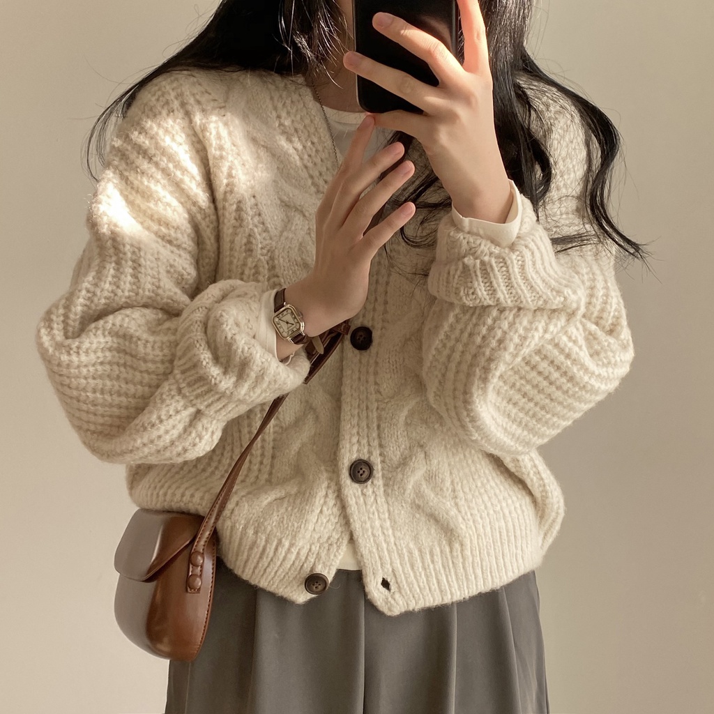 Porozi  Áo Khoác Len Nữ Dài Tay Cổ Chữ V Kiểu Hàn Quốc