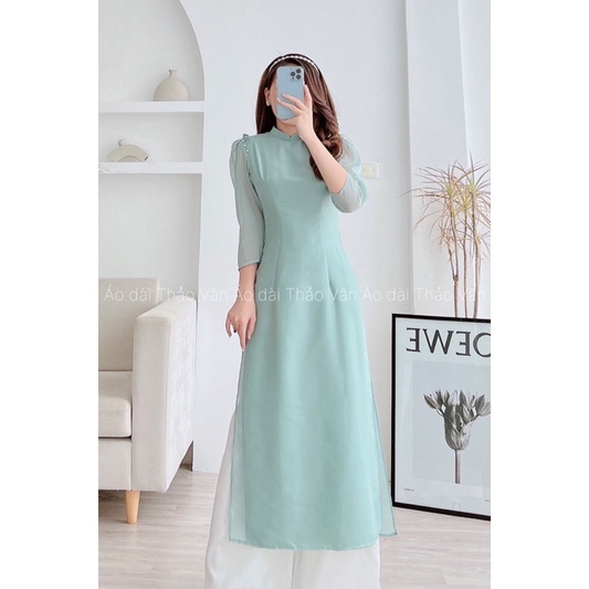 Áo dài voan tơ thiết kế tay bồng đính ngọc 3 màu tay lỡ, 4 tà -AV002