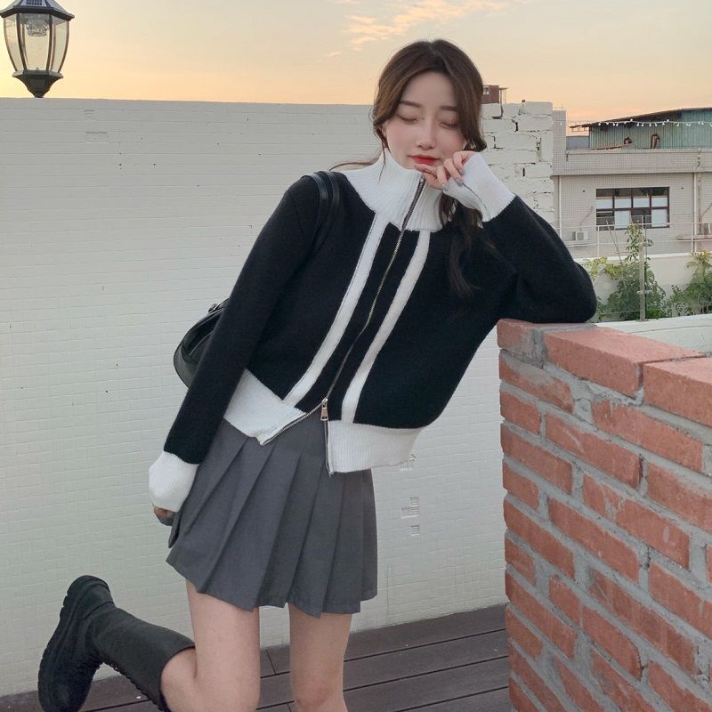 COZOK Áo Khoác cardigan Dệt Kim Tay Dài Cổ Cao Màu Sắc Tương Phản Có Khóa Kéo Thời Trang