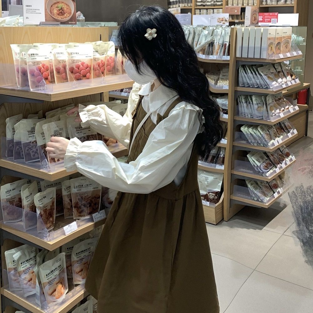 Set Áo Sơ Mi Tay Dài Cổ Búp Bê Phối Bèo + Váy Yếm Dáng Rộng Thời Trang Thu Đông Mới Cho Nữ