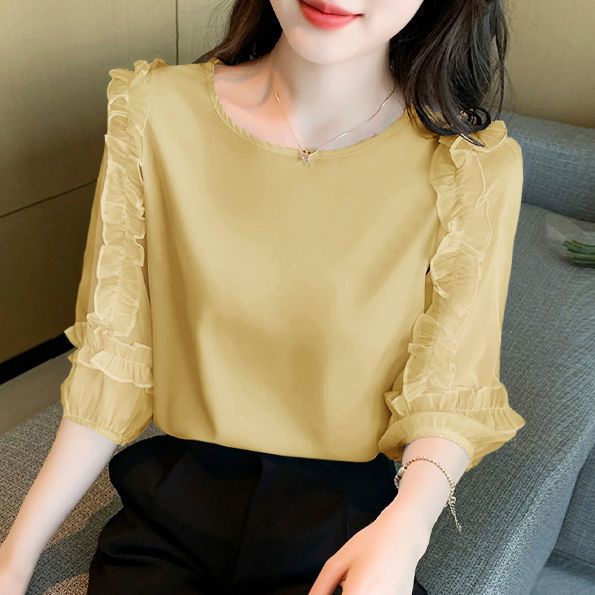 Áo Sơ Mi Chiffon Cổ Tròn Tay Lỡ Phối Ren Dáng Rộng Thời Trang Mùa Thu Cho Nữ
