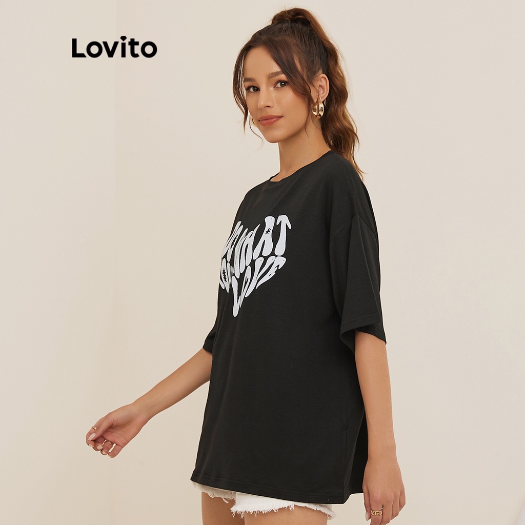 Áo thun Lovito thời trang họa tiết in đồ họa chữ cái giản đơn L19D171 (đen)