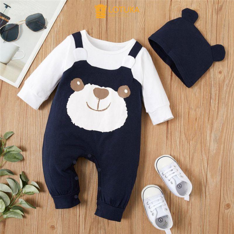 Bodysuit Cho Bé LOTUKA Yếm Gấu Đáng Yêu Kèm Mũ, Chất Thun Cao Cấp Mềm Mịn Size 3-12kg