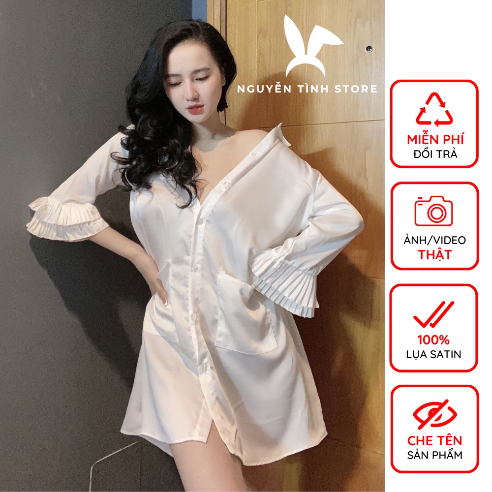 Váy ngủ lụa dễ thương dài tay mặc nhà Nguyễn Tình Store đầm ngủ sơ mi tay phối dập ly Freesize
