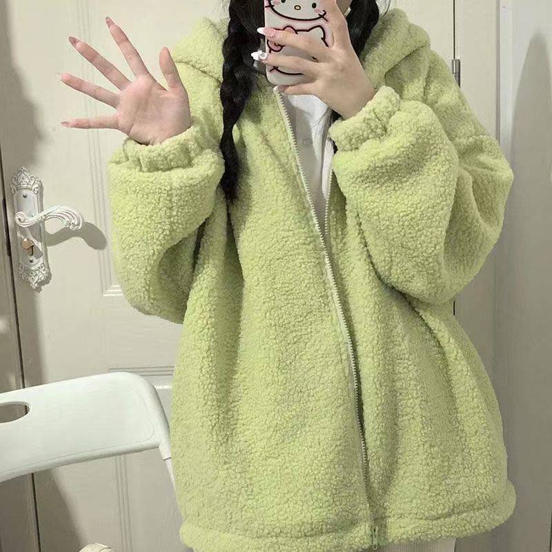 Màu xanh lá cây mùa thu và mùa đông có mũ trùm đầu lông cừu mới áo khoác rộng rãi áo len cardigan